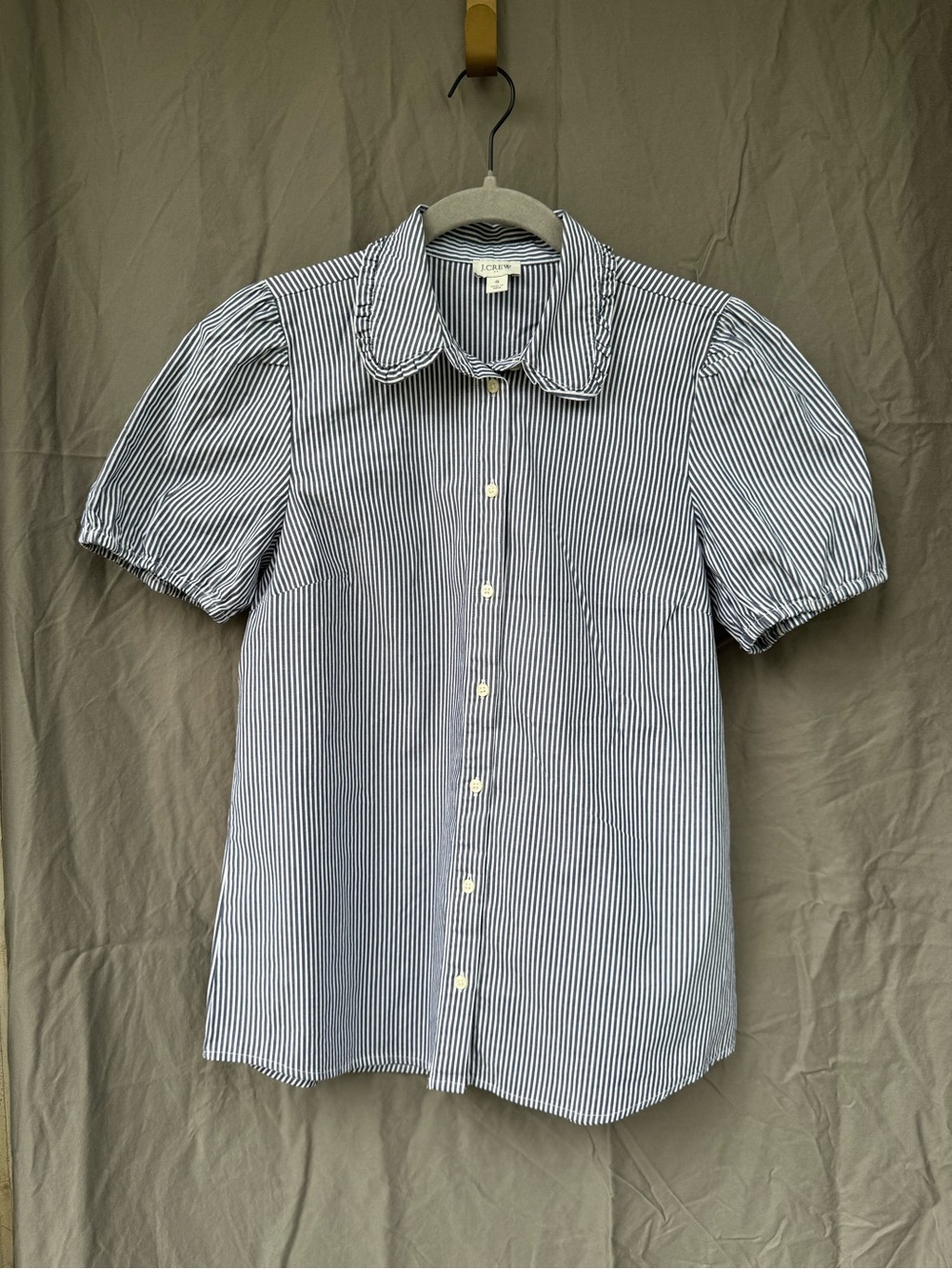 J. Crew Navy and White Striped Puff-Sleeve Button-Down